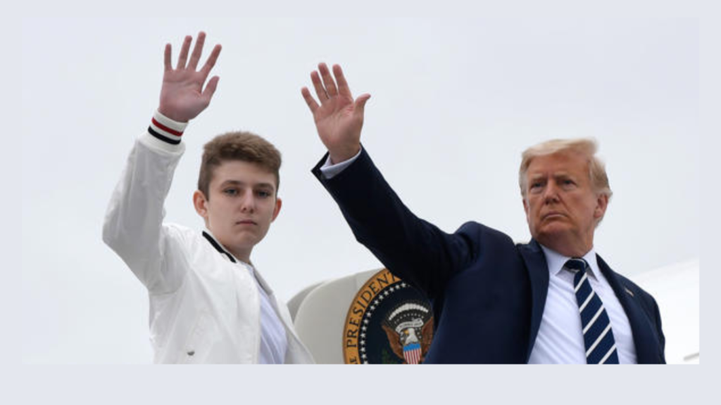 arron Trump and Donald Trump wave from the top of the steps to Air Force One on August 16, 2020.