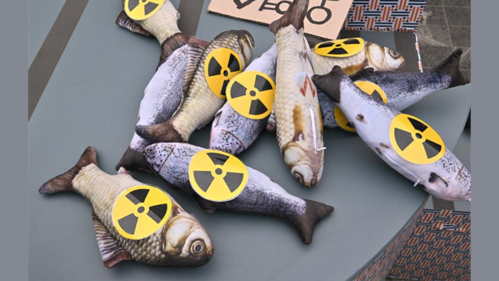Fish dolls with radioactive signs are seen during a rally against the Japanese government's plan to release wastewater from the stricken Fukushima-Daiichi nuclear plant into the Pacific Ocean at Gwanghwamun Square in Seoul