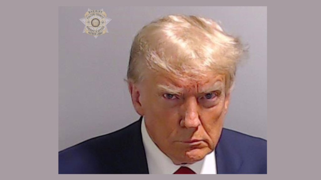 Former President Donald Trump's booking photo taken at the Fulton County Sheriff's Office on Thursday, August 24, 2023.  Fulton County Sheriff's Office
