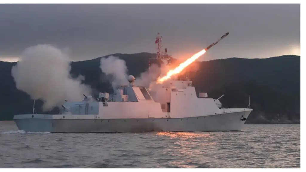 661” launched a Hwasal-2 cruise missile during a naval drill with the presence of Kim Jong Un. Note one of the decoy launchers.